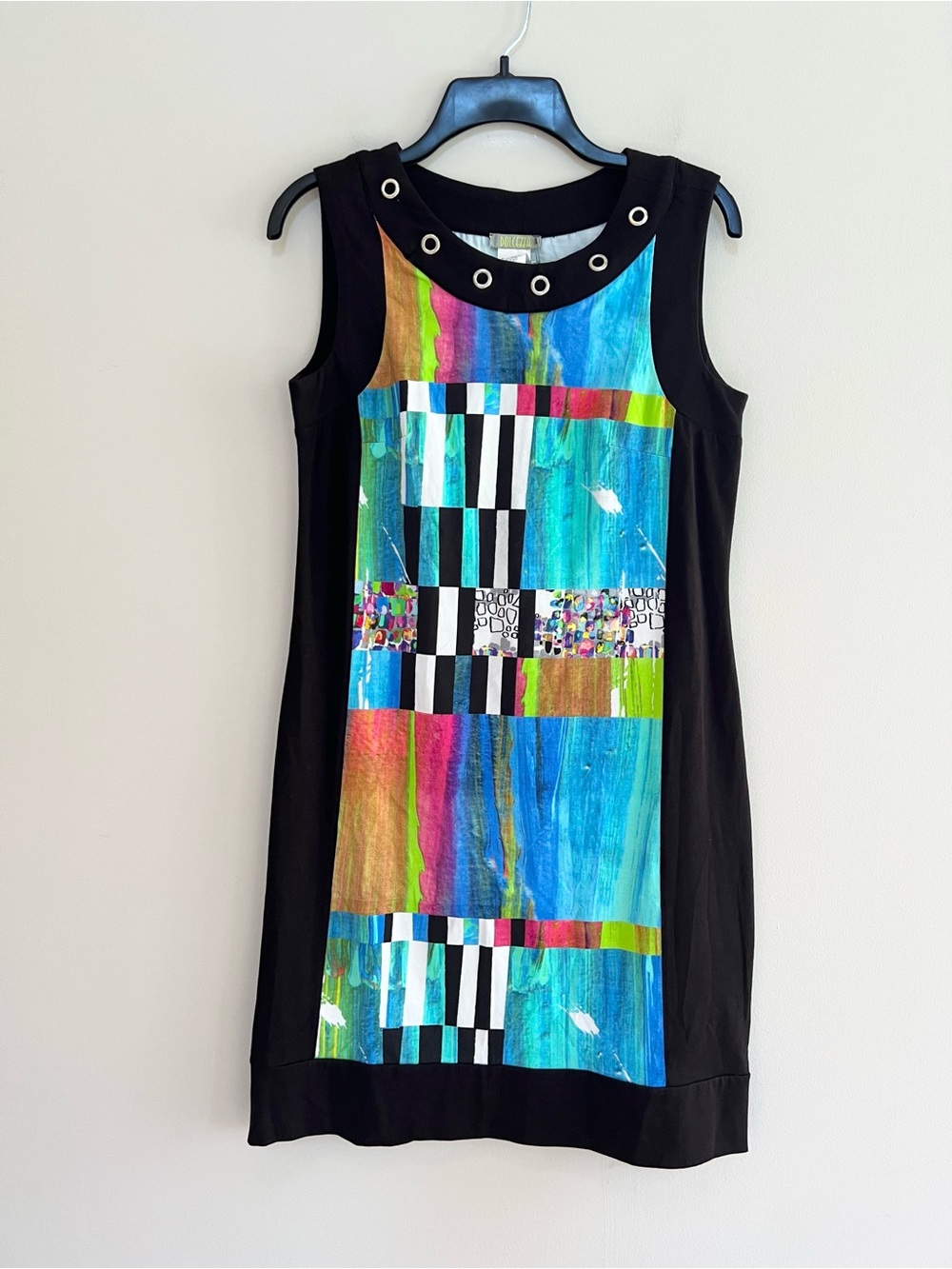 NWT Dolcezza Sleeveless Scoop Neck Patchwork Abstract Art Shift Dress, Small